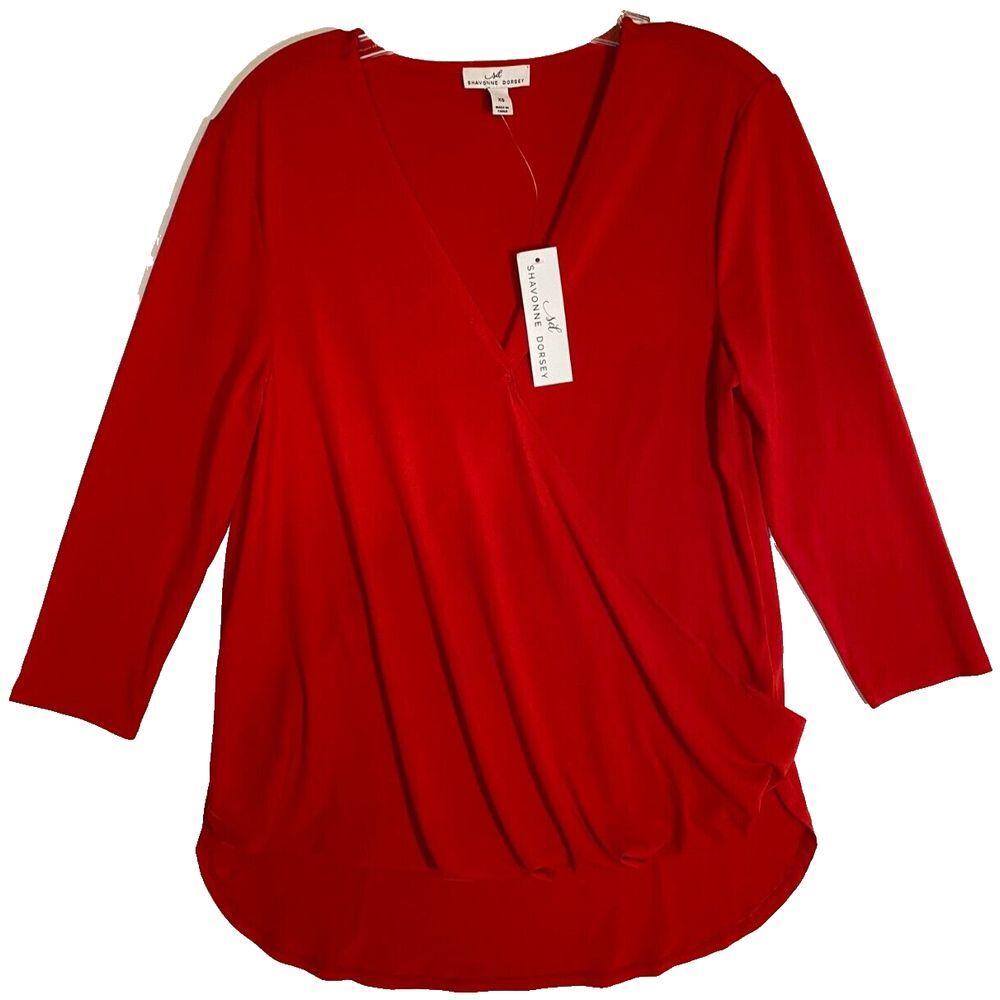 Shavonne Dorsey Size XS V-Neck Faux Wrap‎ Top Red Blouse 3/4 Sleeve Career